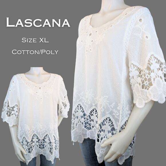 Lascana Tunic Top Large White Lace Crochet Hem Boho Coastal 1/2 Sleeve   
Beachy - Picture 1 of 12